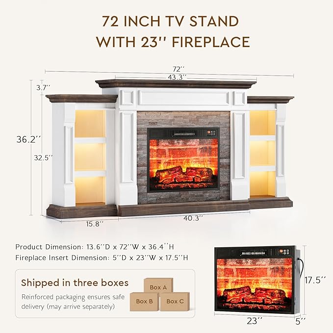 LGHM 72" Fireplace TV Stand for TVs Up to 80 Inch, Electric Fireplace - Image 8