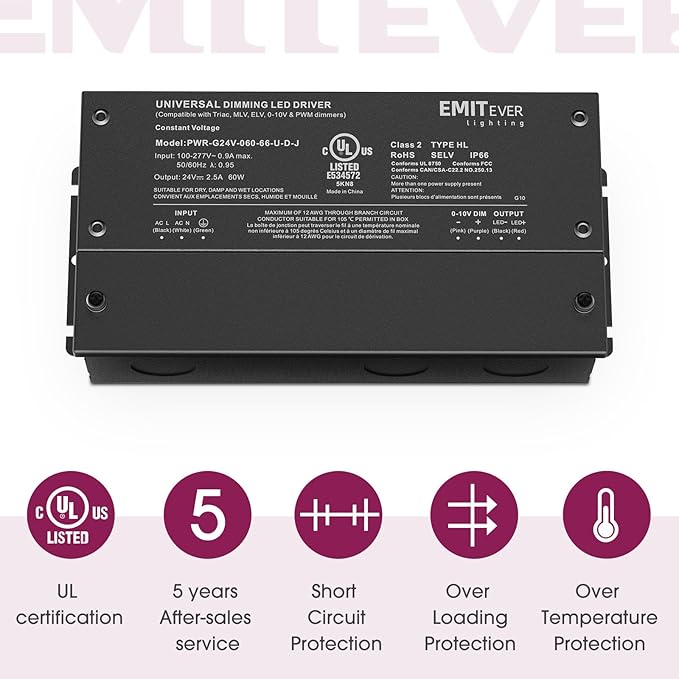 EMITEVER Dimmable Led Driver, 2 Packs 60W AC 110V-277V to DC 24V Transformer - Image 7