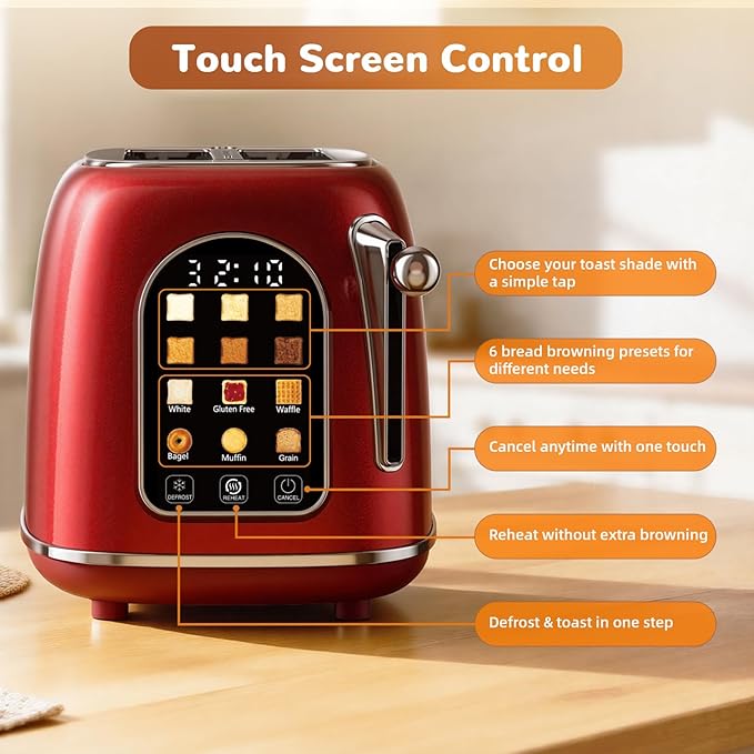 Mecity Toaster 2 Slice, Touch Screen Wide Slot Retro Toaster - Image 3