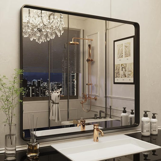 ISKM Black Bathroom Mirror for Wall 40" x 38" Matte Black Framed Vanity Mirror by ISKM-IStillKeepMovin