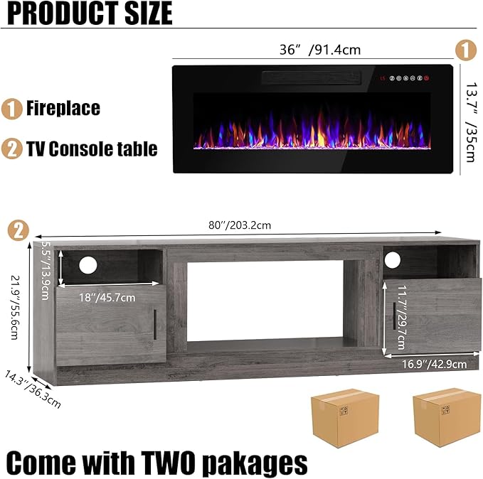VITESSE TV Stand with 36" inch Electric Fireplace Up to 90" TVs, LED Light - Image 2