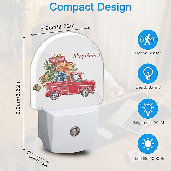 YESPOAK Merry Christmas Night Light, Dusk to Dawn Round Red Truck Gifts Night - Image 2