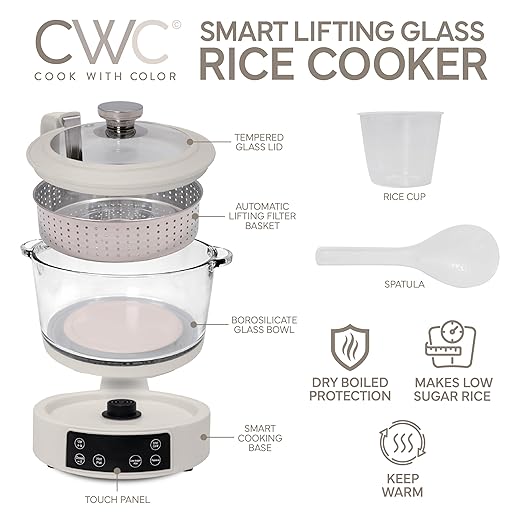 COOK WITH COLOR 3L Glass Mini Low Carb Rice Cooker – Holds 2 Cups Raw/Makes 6 - Image 2