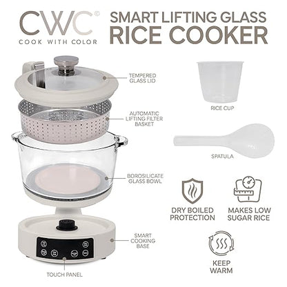 COOK WITH COLOR 3L Glass Mini Low Carb Rice Cooker – Holds 2 Cups Raw/Makes 6 - Image 2