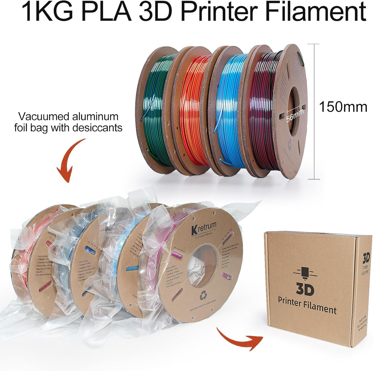 Kretrum Silk Dual Color 3D Printer Filament Bundle, 1.75 mm Color Changing PL...