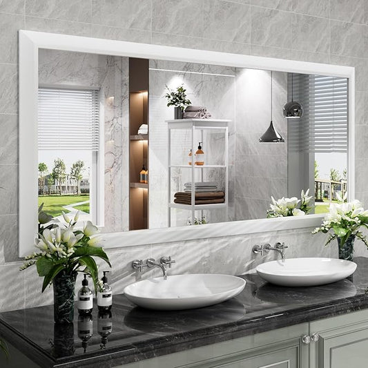 Amorho Bathroom Mirror, 72 X32 Inch White Thick Metal Framed Wall Mirrors by Amorho