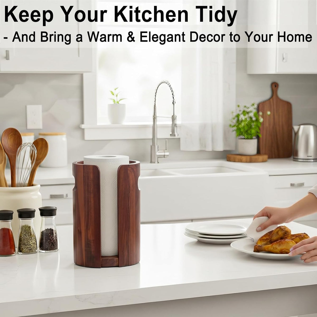 Acacia Wood Paper Towel Holder for Kitchen Countertop with Splash Guard