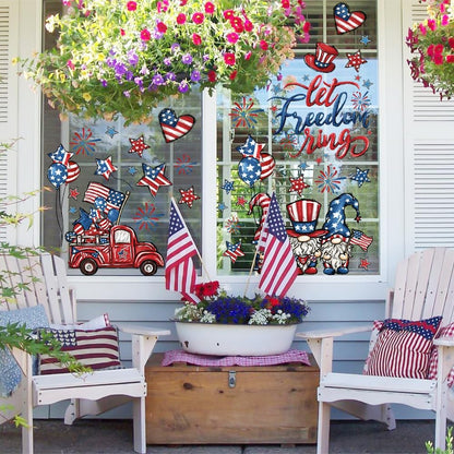 DIYDEC 6 Sheets Patriotic Window Clings Happy 4th of July Window Stickers Gnome Truck American Flags Stars Firework Decals Double-Sided for Independence Day Home Party Decoration