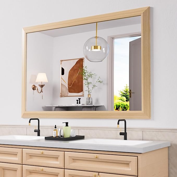 Amorho Bathroom Mirror for Wall, 48X32 Inch Oak Wood Grain Metal Framed Mirror by Amorho