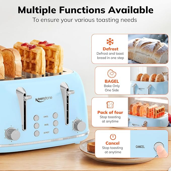 Keenstone Toaster 4 Slice, Retro Stainless Steel Wide Slot Toaster - Image 3