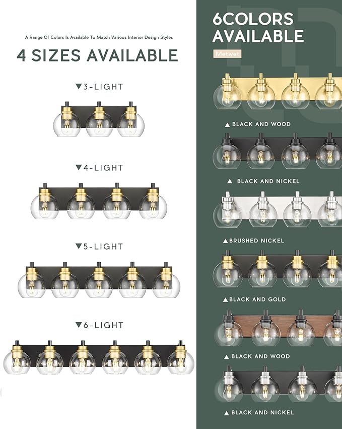 METWET Bathroom Light Fixtures, 4-Light Black and Gold Bathroom Vanity Light - Image 7