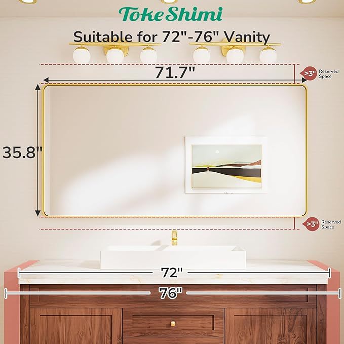 TokeShimi 72x36 Brushed Gold Bathroom Mirror, Tempered Glass, Bathroom Wall - Image 2