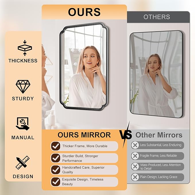 22x34 Inch Black Bathroom Mirror, Metal Framed Wall Mirror - Image 7