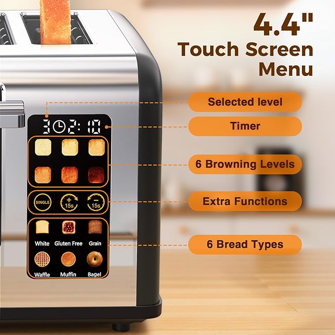 4 Slice Touch Screen Toaster, Easy-to-Use Digital Stainless Steel Toaster - Image 3