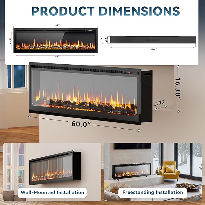 EUHOMY 60 Inch Electric Fireplace Recessed Wall Mounted Freestanding - Image 5