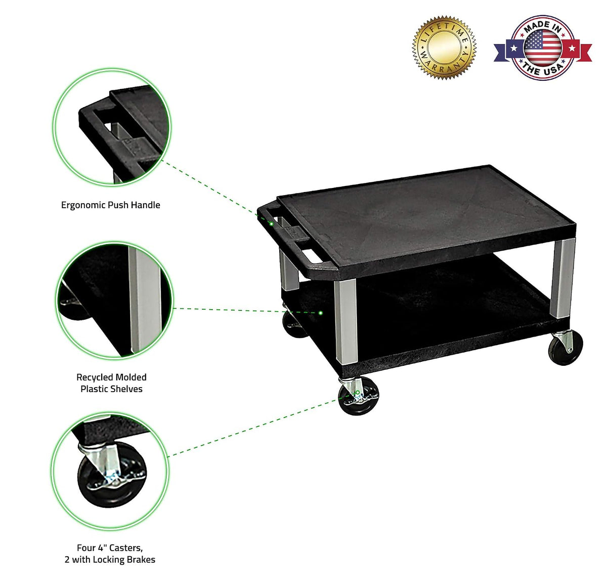 Luxor WT16-N 16"H AV Cart - Two Shelves - Nickel Legs, Multipurpose Stor...