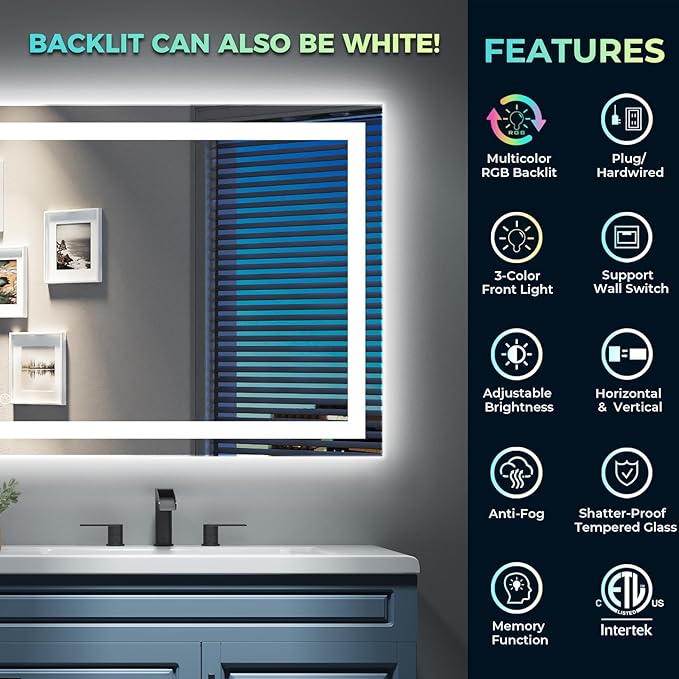 YEELAIT 50x32 Inch RGB LED Bathroom Mirror Front Light and RGB Backlit Lighted - Image 2