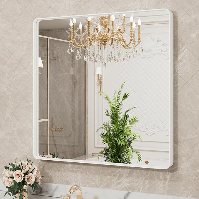 LOAAO 36x36 Inch White Metal Framed Bathroom Mirror - Image 3
