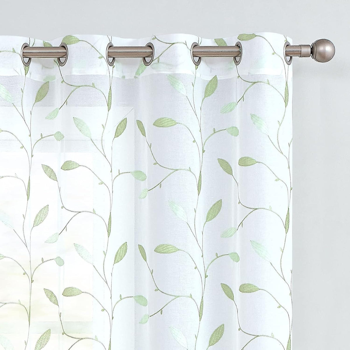 Embroidered Sheer Curtains Floral Leaf White Sheer Curtain for Bedroom Living Room Kitchen Rustic Voile Drapes Privacy Window Treatment Set of 2 Panels 96 Inches Long Grommet Top Green on White