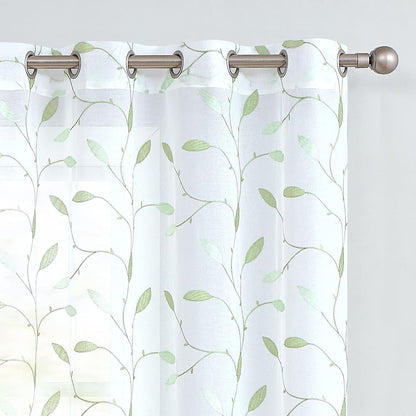 Embroidered Sheer Curtains Floral Leaf White Sheer Curtain for Bedroom Living Room Kitchen Rustic Voile Drapes Privacy Window Treatment Set of 2 Panels 96 Inches Long Grommet Top Green on White