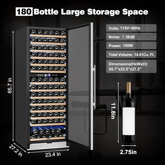 Tylza 24 Inch Wine Fridge Dual Zone, 180 Bottles Wine Cooler Refrigerator - Image 7