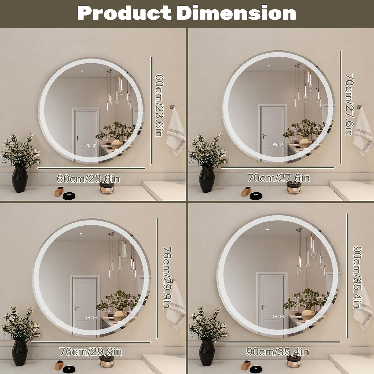 Simple Deluxe Round LED Bathroom Mirror with Lights, Smart Anti-Fog LED Bathroom Mirror with Circular Dual Lights and 3-Color Temperature Memory dimming (24inch)