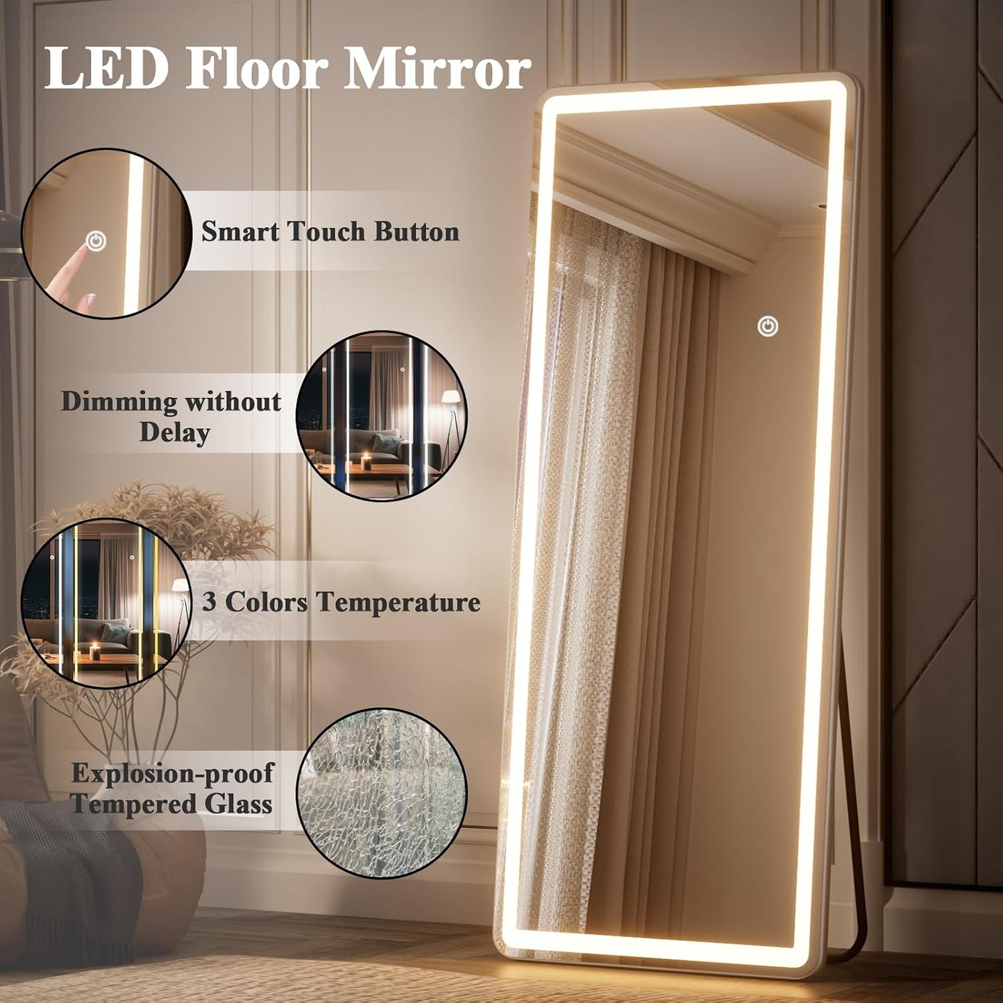 71"x26" Dimmable 3-Color Large LED Full Length Floor Body Mirror | Stepless Brightness Adjustment, Memory Function, Rounded Corner, Standing Wall Mounted for Bedroom, Living Dressing Room