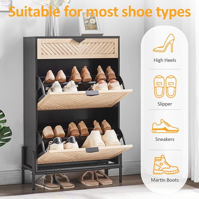Shoe Cabinet Storage with 2 Flip Drawers, Narrow Hidden Shoes Organizer Cabinet - Image 3