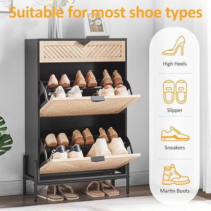 Shoe Cabinet Storage with 2 Flip Drawers, Narrow Hidden Shoes Organizer Cabinet - Image 3