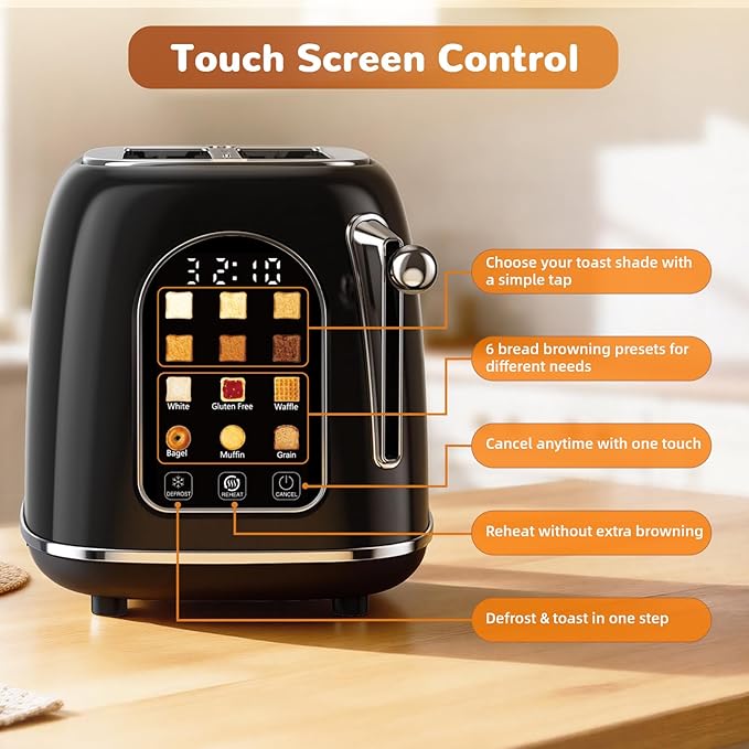 Mecity Toaster 2 Slice, Touch Screen Wide Slot Retro Toaster - Image 2