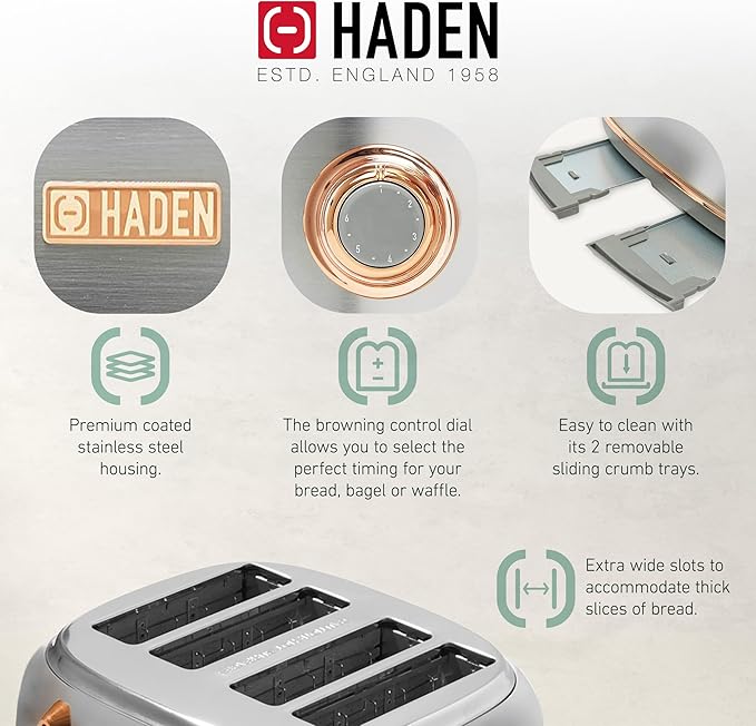 Haden Heritage 4 Slice Wide Slot Stainless Steel Toaster - Image 3