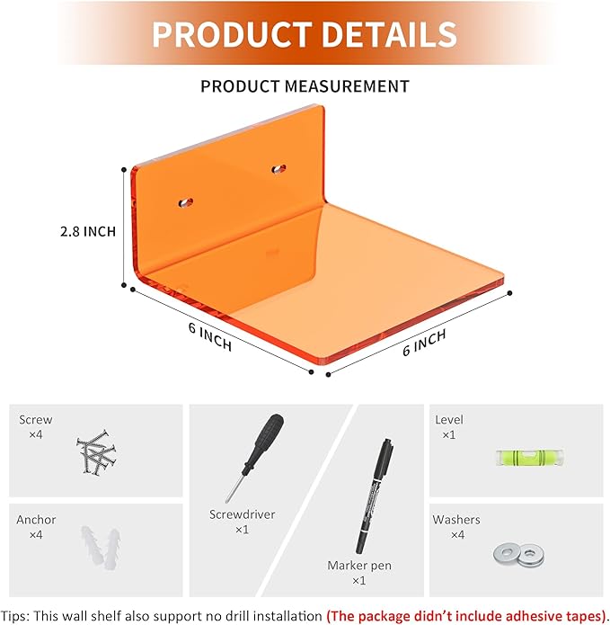 6 Inches Small Orange Wall Shelves Set of 2, Wall Mounted Display Shelf Rack - Image 2