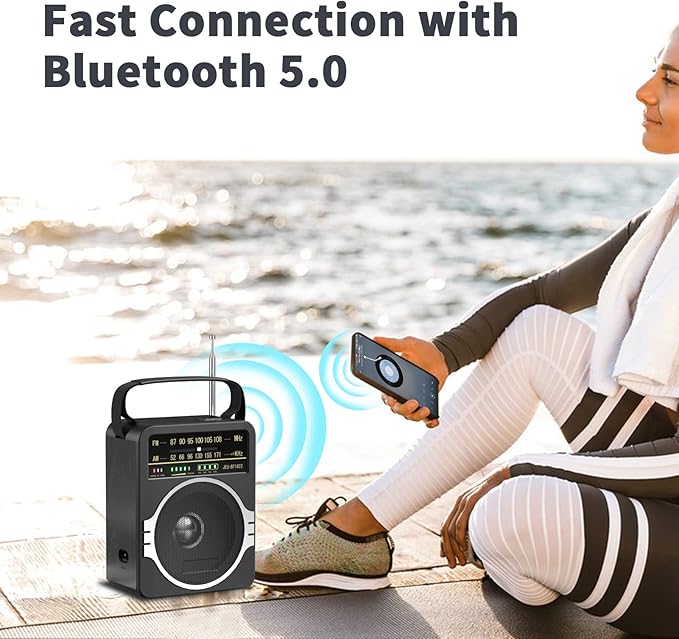 JEUJUG Portable AM FM Radio, FM Radio Built-in Rechargeable Battery/DC D*4 Cell - Image 3