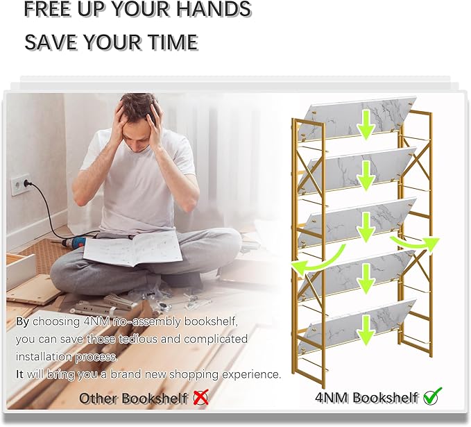 4NM Extra Wide 5 Tiers No Assembly Book Shelves, 51.2" H Folding Bookshelf - Image 7