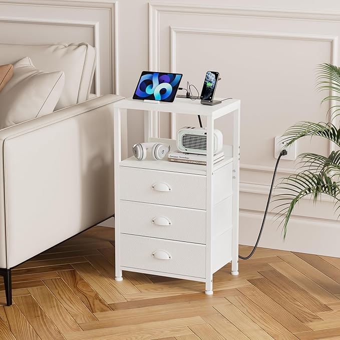 White Nightstand with Charging Station & Voice Control LED Light, 28.3" Night - Image 2
