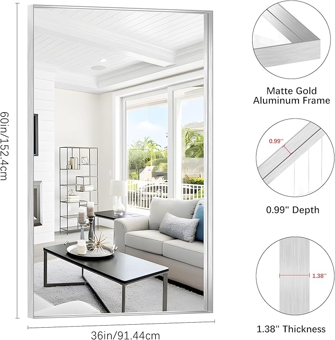 Silver Bathroom Mirror, 36x60 Inch Rectangular Deep Frame Mirror, Large Wall - Image 3