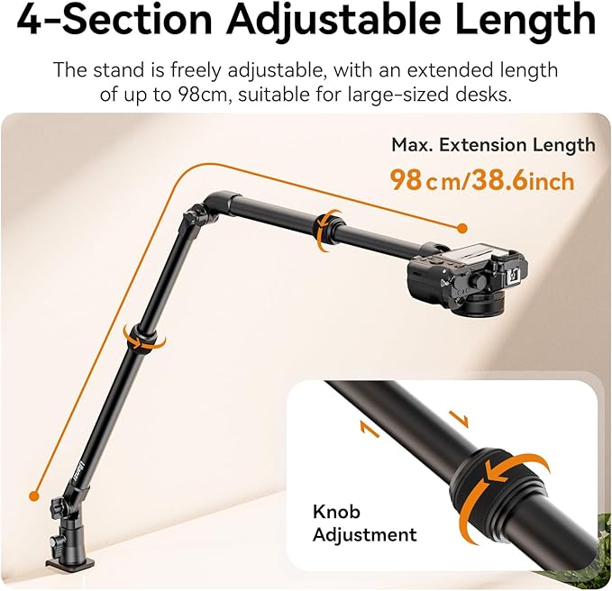 ULANZI ZJ02 Camera Desk Mount Overhead Magic Arm, 98cm/38.6inch Aluminum - Image 6