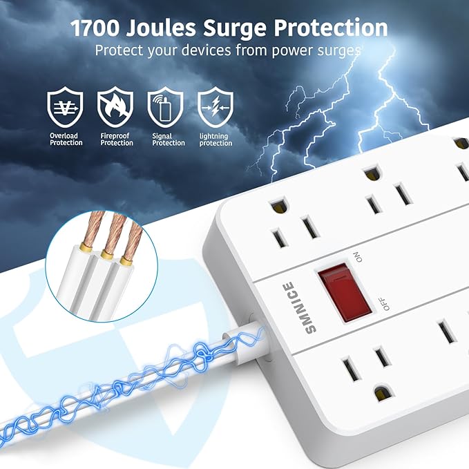 Flat Plug Extension Cord 15 Ft, SMNICE Surge Protector Power Strip - Image 5