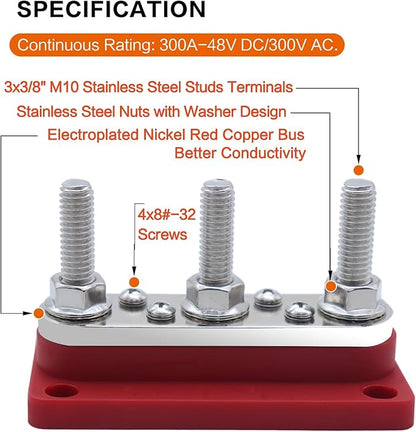 AMOMD 300A Bus Bar 3 Terminal Studs M10 4x8#-32 Screws Nickel Plated Copper - Image 2