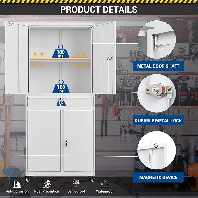 73" Metal Cabinet-White Heavy Duty Rolling Storage Cabinet Steel Tool Cabinets - Image 6