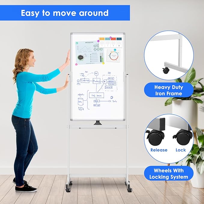 Magnetic Mobile White Board, 48 x 24 Double Sided Dry Erase Board Rolling - Image 3