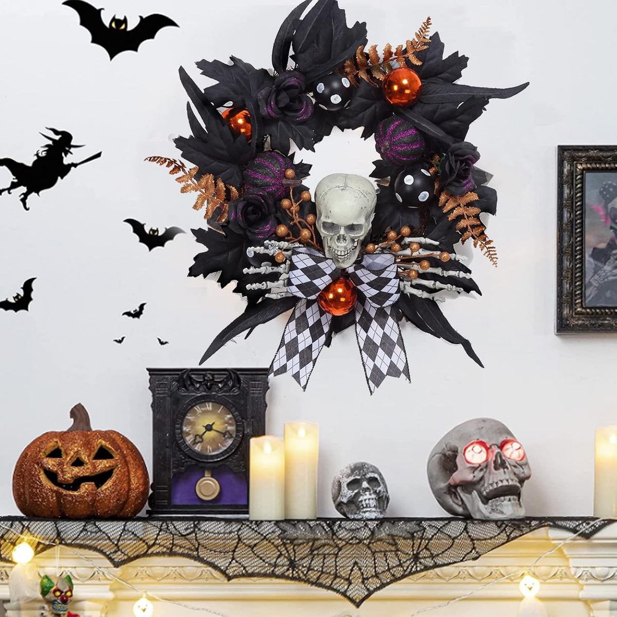 Halloween Wreath for Front Door Halloween Skeleton Decorations, 20 Inch Pumpk...