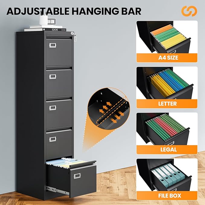 5 Drawer File Cabinet with Lock, Metal Filing Cabinets - Image 5