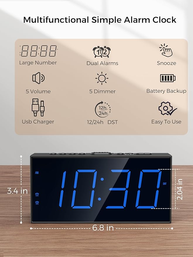 Digital Dual Alarm Clocks for Bedrooms, Large Big Numbers Display Electric - Image 2