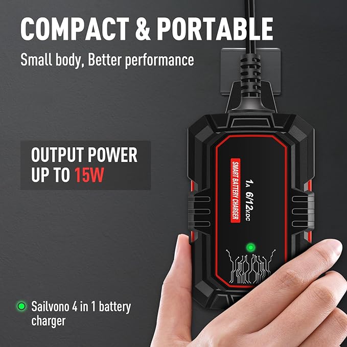 Sailvono 1A Battery Charger, 6V and 12V Smart Trickle Charger, 10-Stages 14.6 - Image 5