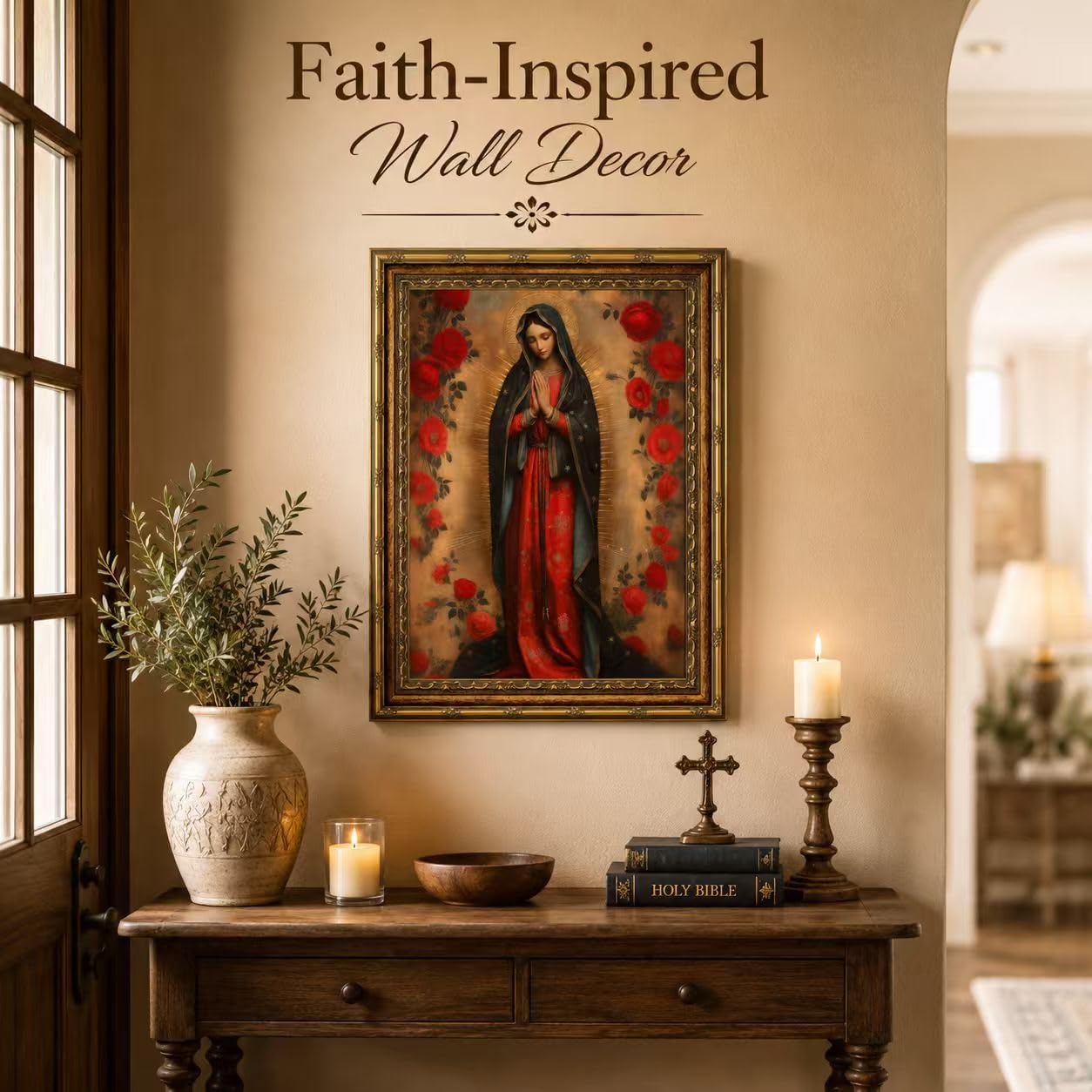SQHVFXWR Golden Frame Our Lady of Guadalupe Canvas Wall Art with Religious Virgin Mary Painting Decor for Home Church Office - Red Rose & Halo Blessed Virgin Artwork16x24in