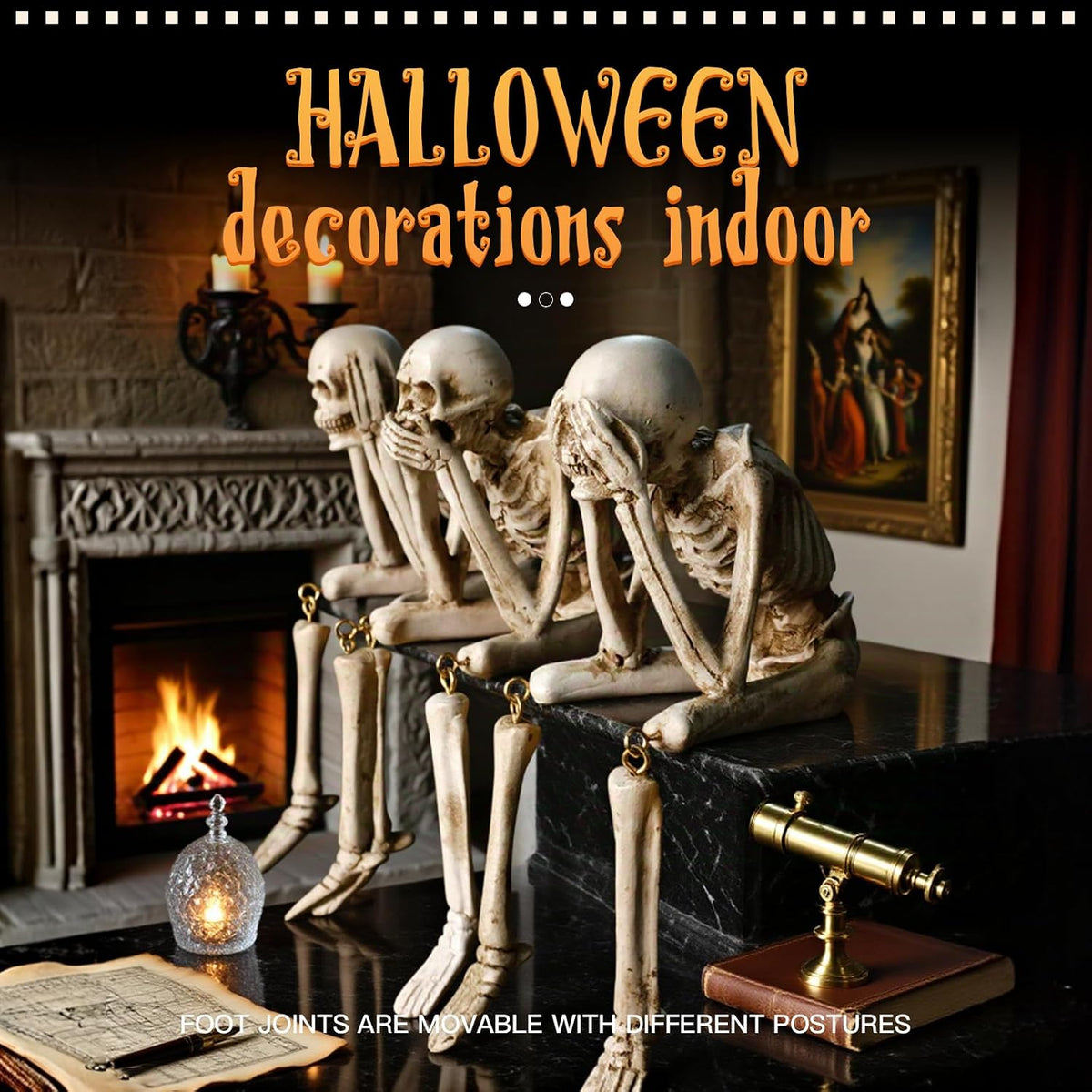 Halloween Skeleton Statues Set of 3, White Halloween Resin Skeleton Decor
