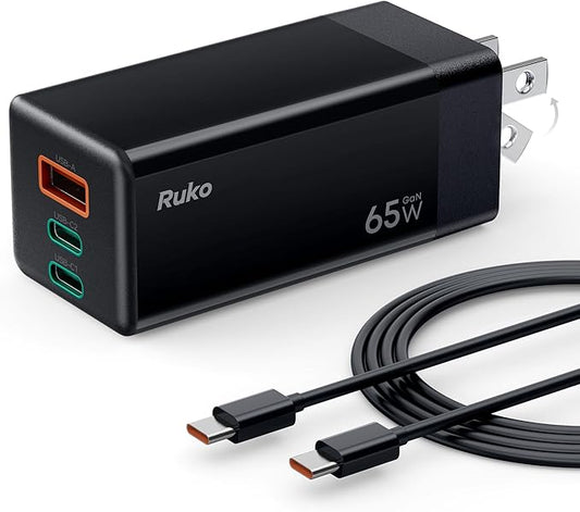 Ruko 65W USB C Charger, 3 Port Compact Foldable GaN Fast Charging Block Wall by Ruko