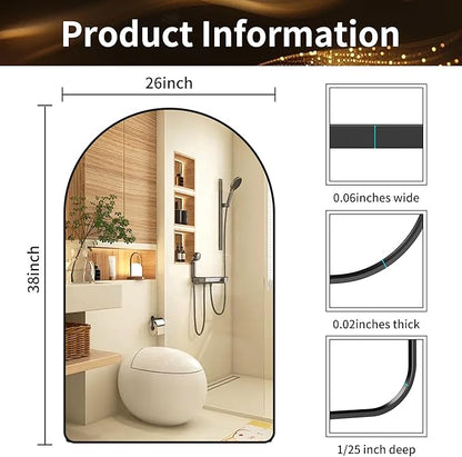 26x38 inch Black Tempered Glass Large Arched Mirror - Image 2