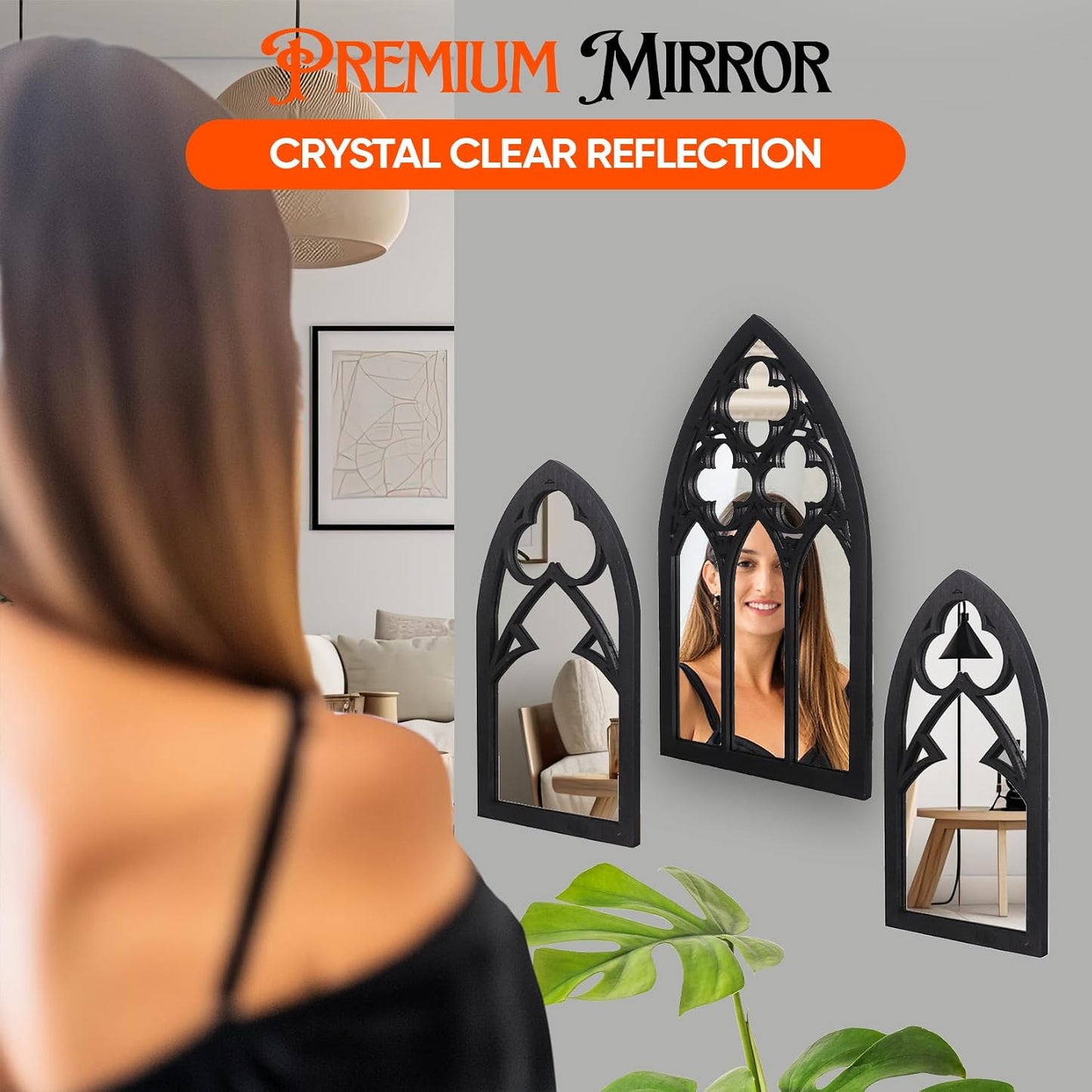 Gothic Mirrors Wall Decor - 3 Piece Set 15.8 Inch Gothic Furniture Cathedral Mirrors - Halloween Decor for Bathroom and Kitchen - Goth Accessories for Bedroom - Witchy Gifts for Women